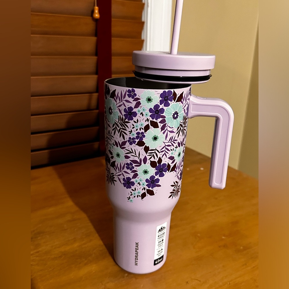 RARE HydraPeak Voyager 40oz Tumbler w/ Handle-Purple w/ Blue & Purple Floral NEW